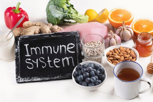 immune system on blackboard with health foods | how to strengthen your immune system | perpetual wellbeing
