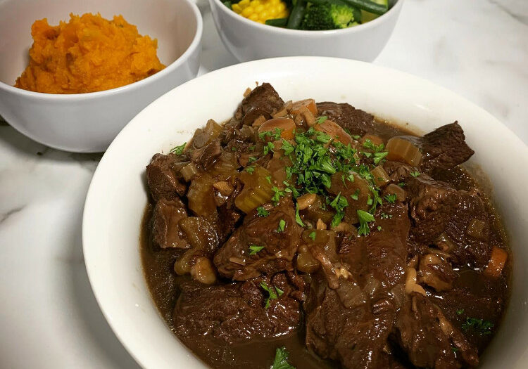 slow cooker beef stew with sweet potato mash and steamed green vegies